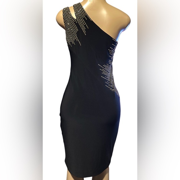 Cache Black One-Shoulder Size 6 Asymmetrical Pattern Rhinestone Embellishments - Picture 7 of 14